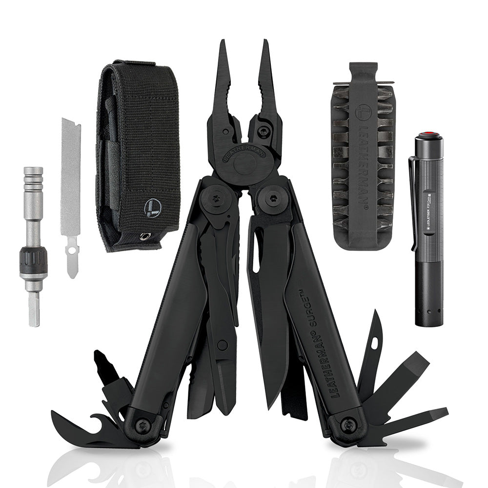 Kit de SURGE Negra Leatherman con Linterna P2R Core Ledlenser y Matraca Leatherman