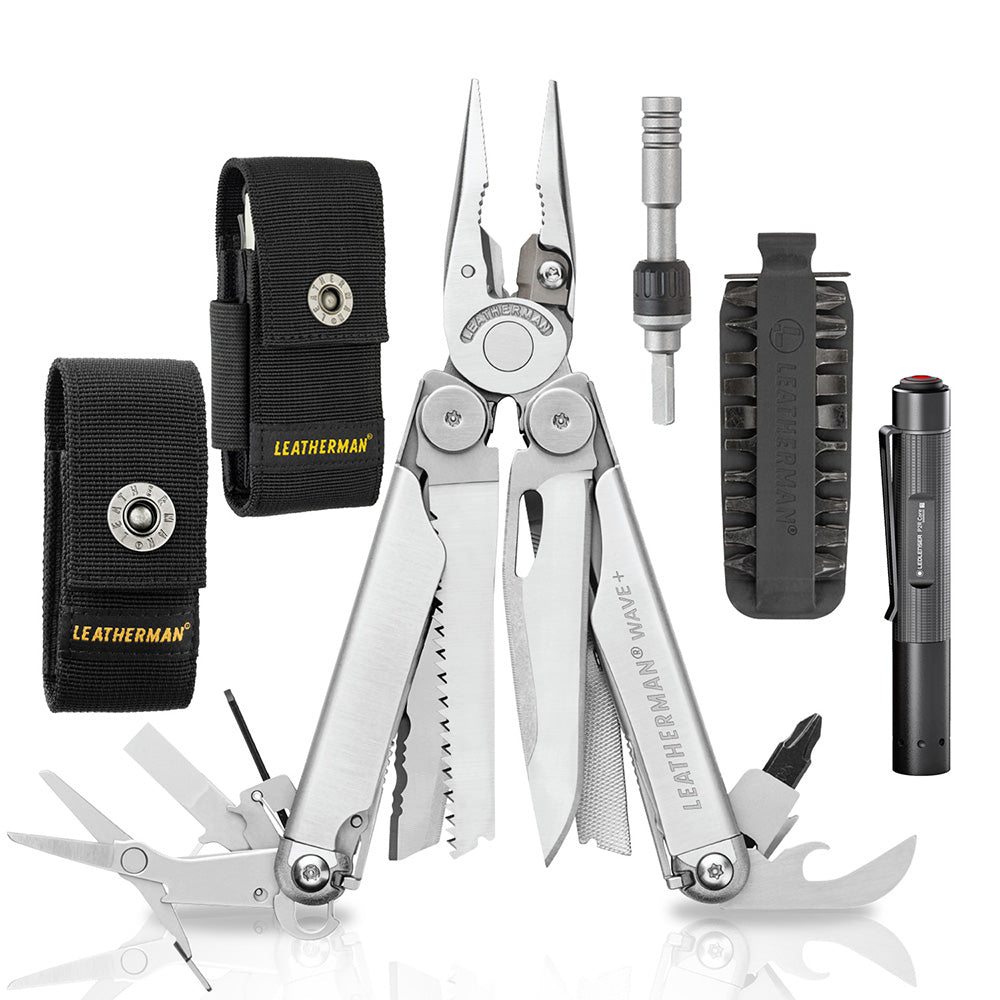 Kit de WAVE+ Plata Leatherman con Linterna P2R Core Ledlenser y Matraca Leatherman