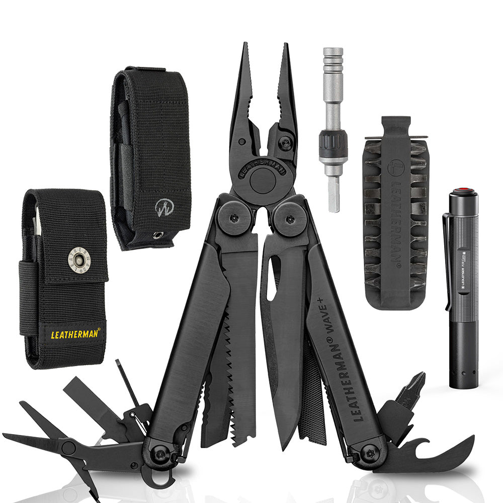 Kit de WAVE+ Negra Leatherman con Linterna P2R Core Ledlenser y Matraca Leatherman