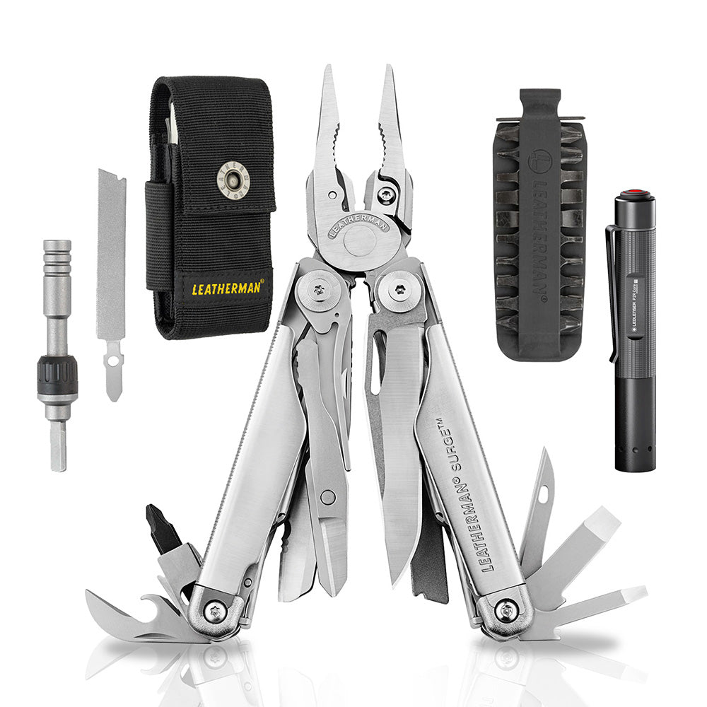Kit de SURGE Plata Leatherman con Linterna P2R Core Ledlenser y Matraca Leatherman